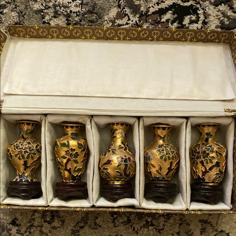 Vintage Chinese Gold and Black Cloisonné Miniature Vase Set of 5